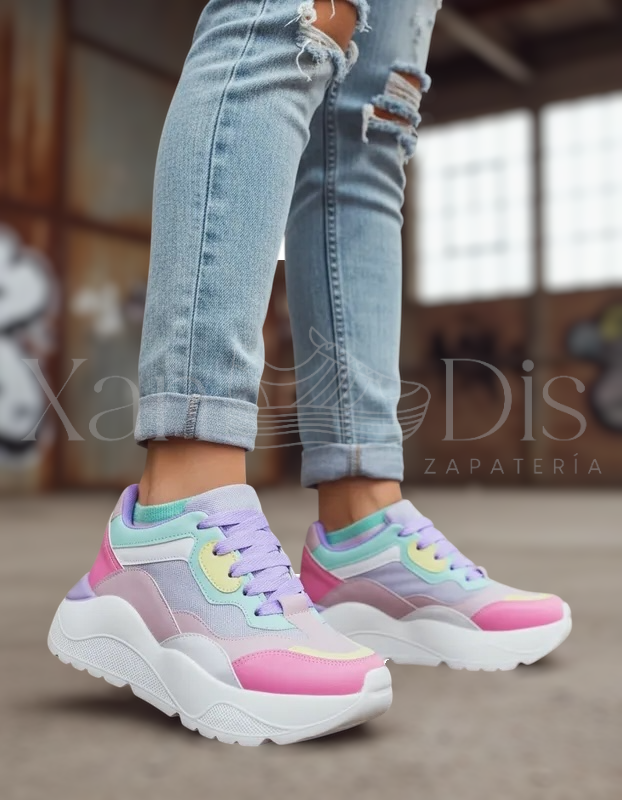 TENIS DE PLATAFORMA ROSAS PASTEL MALLA LILA