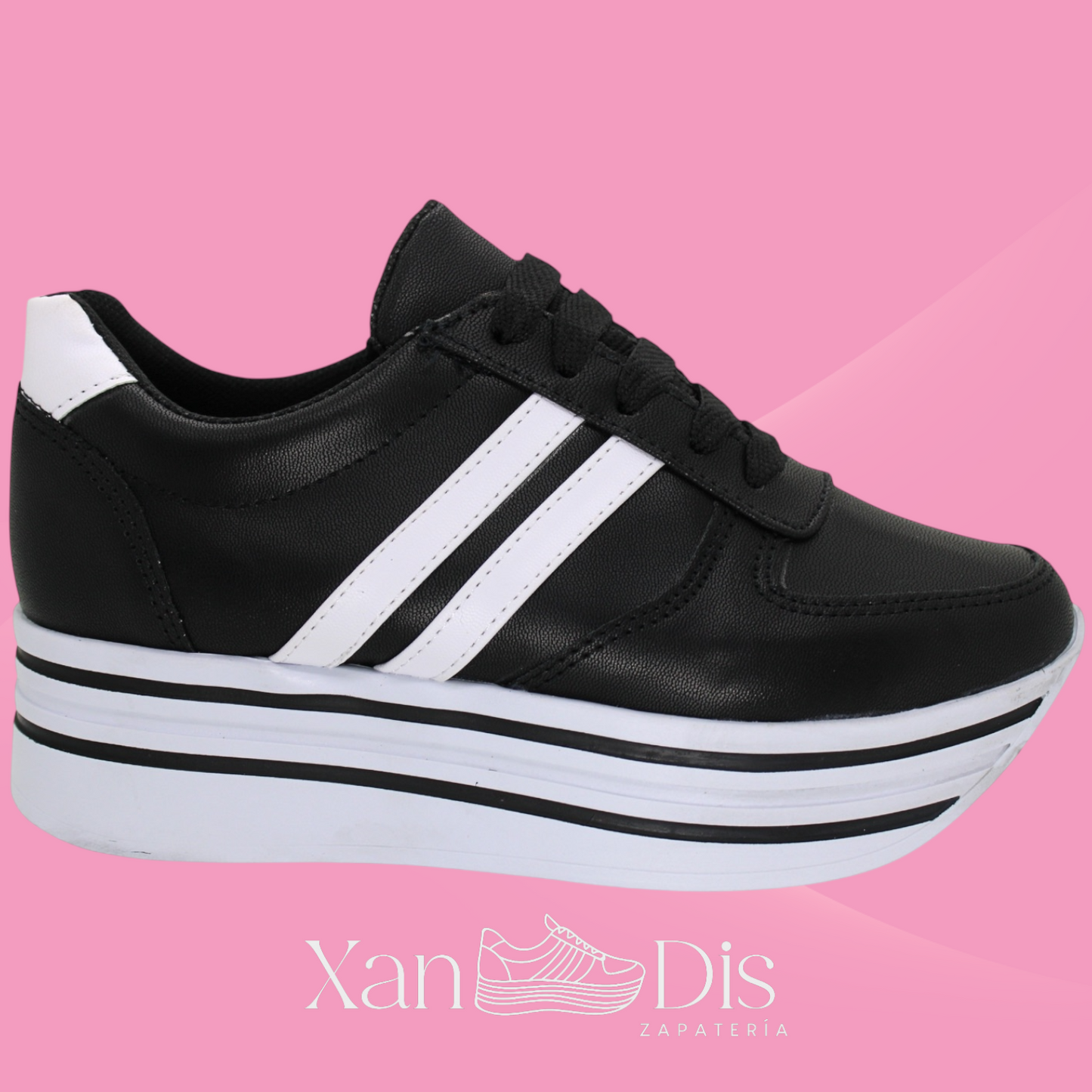 TENIS DE PLATAFORMA ALTA NEGROS RAYAS BLANCAS