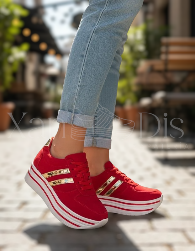 TENIS DE PLATAFORMA ALTA ROJOS ORO GAMUZA