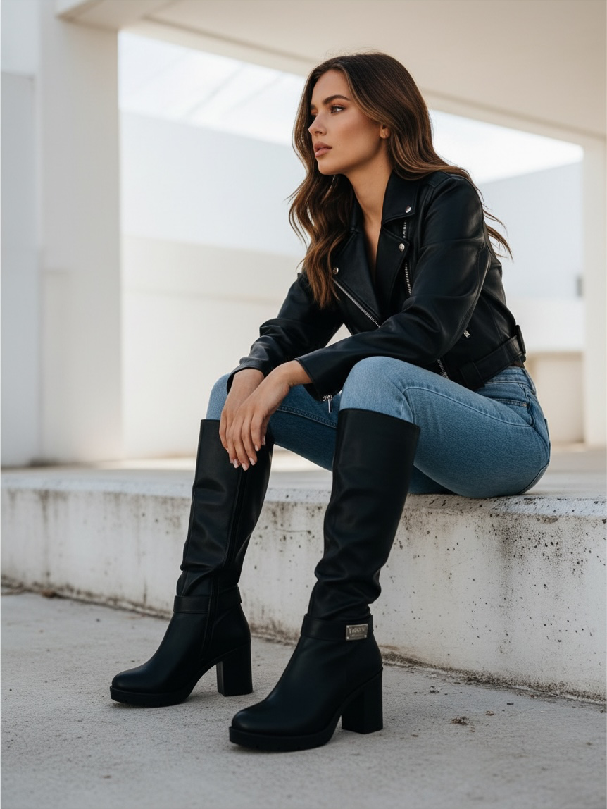 Botas negras corrugadas paris hebilla altas tacón grueso moda juveniles
