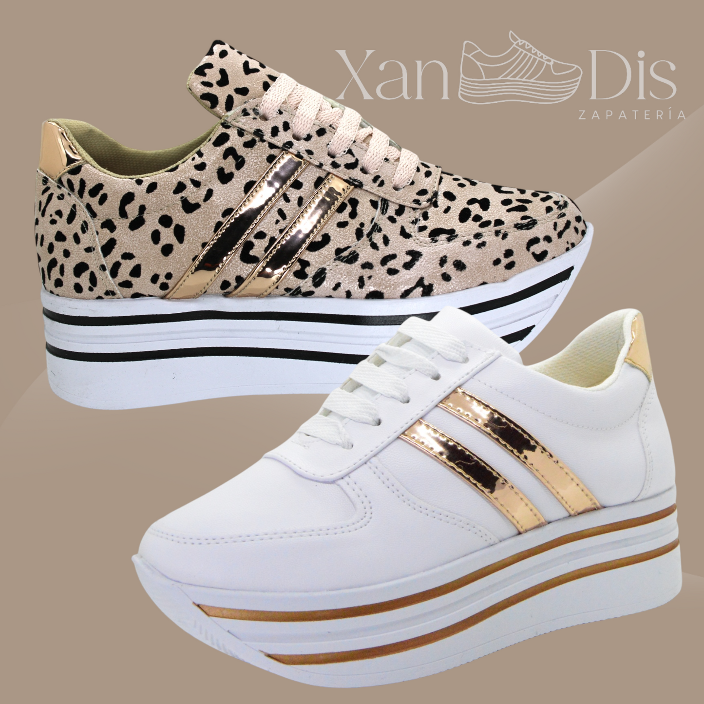 Promo 2 pares blanco oro rosa y animal print tenis de plataforma