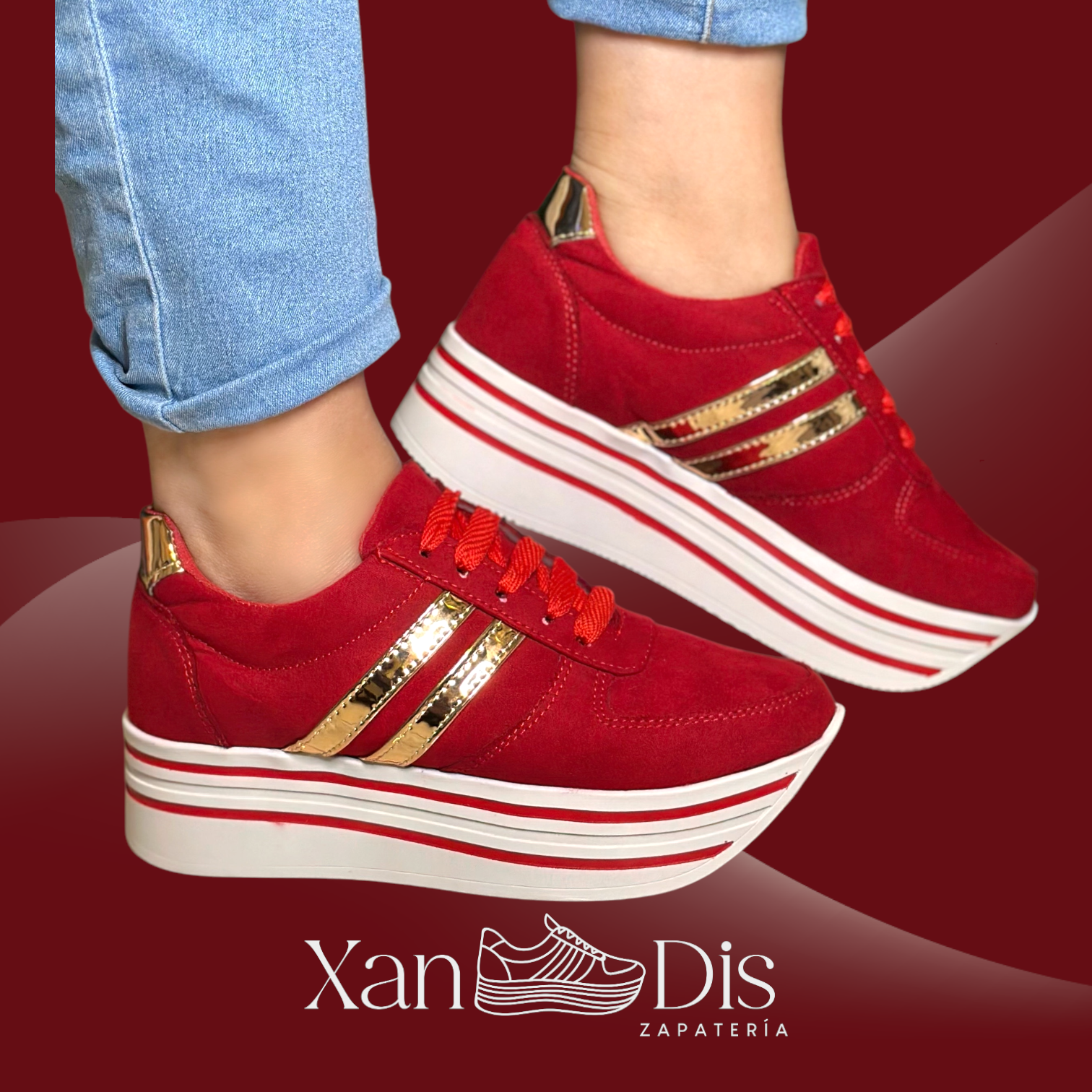 TENIS DE PLATAFORMA ALTA ROJOS ORO GAMUZA