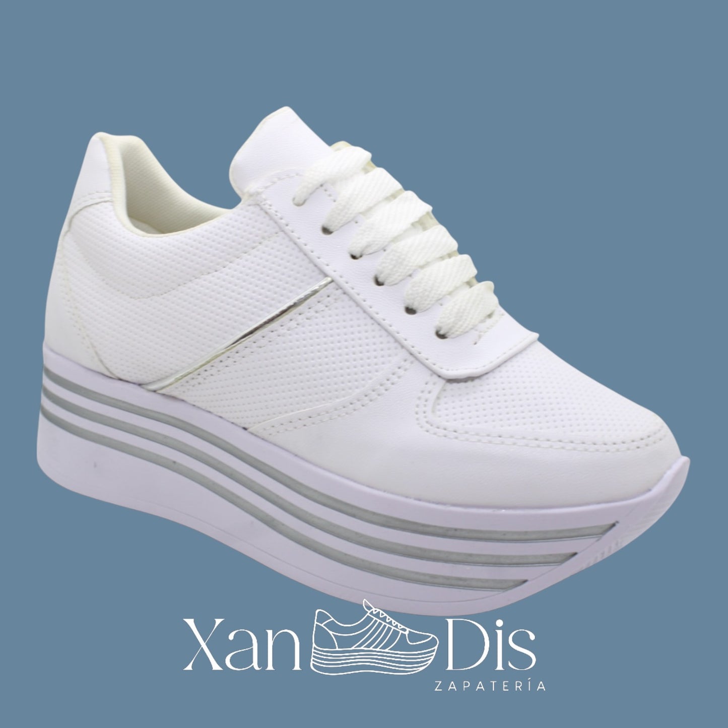 TENIS PLATAFORMA ALTA CUÑA ALTOS BLANCOS PUNTOS TIRA PLATA