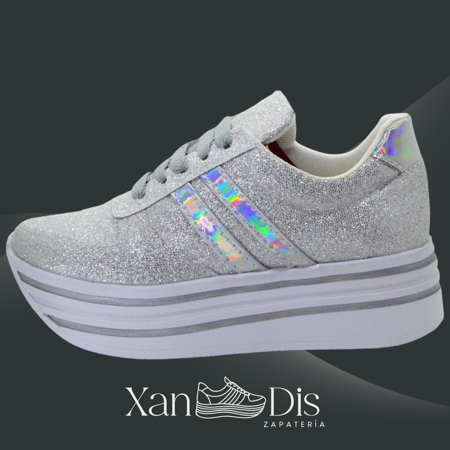 TENIS DE PLATAFORMA PLATEADOS GLITTER TORNASOL