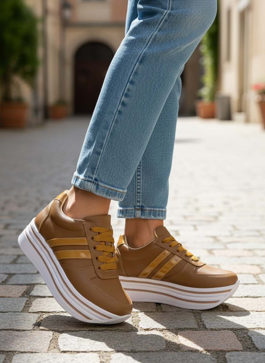 Tenis plataforma alta cuña camel charol cafés moda juveniles