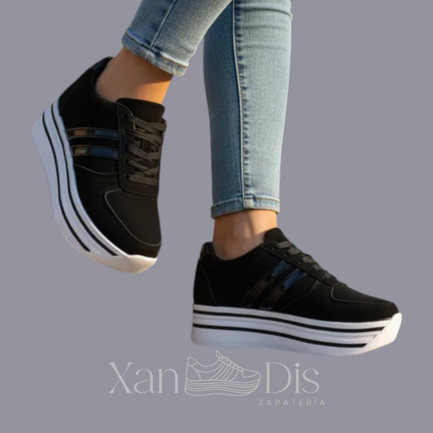 TENIS DE PLATAFORMA ALTA CUÑA DAMA NEGRO NOBUK RAYAS CHAROL