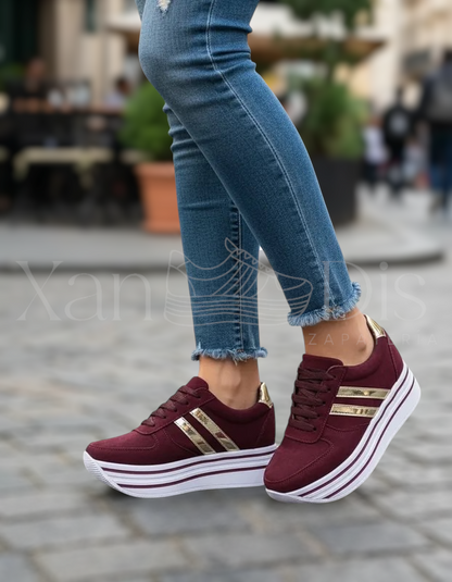 TENIS GAMUZA VINO ORO