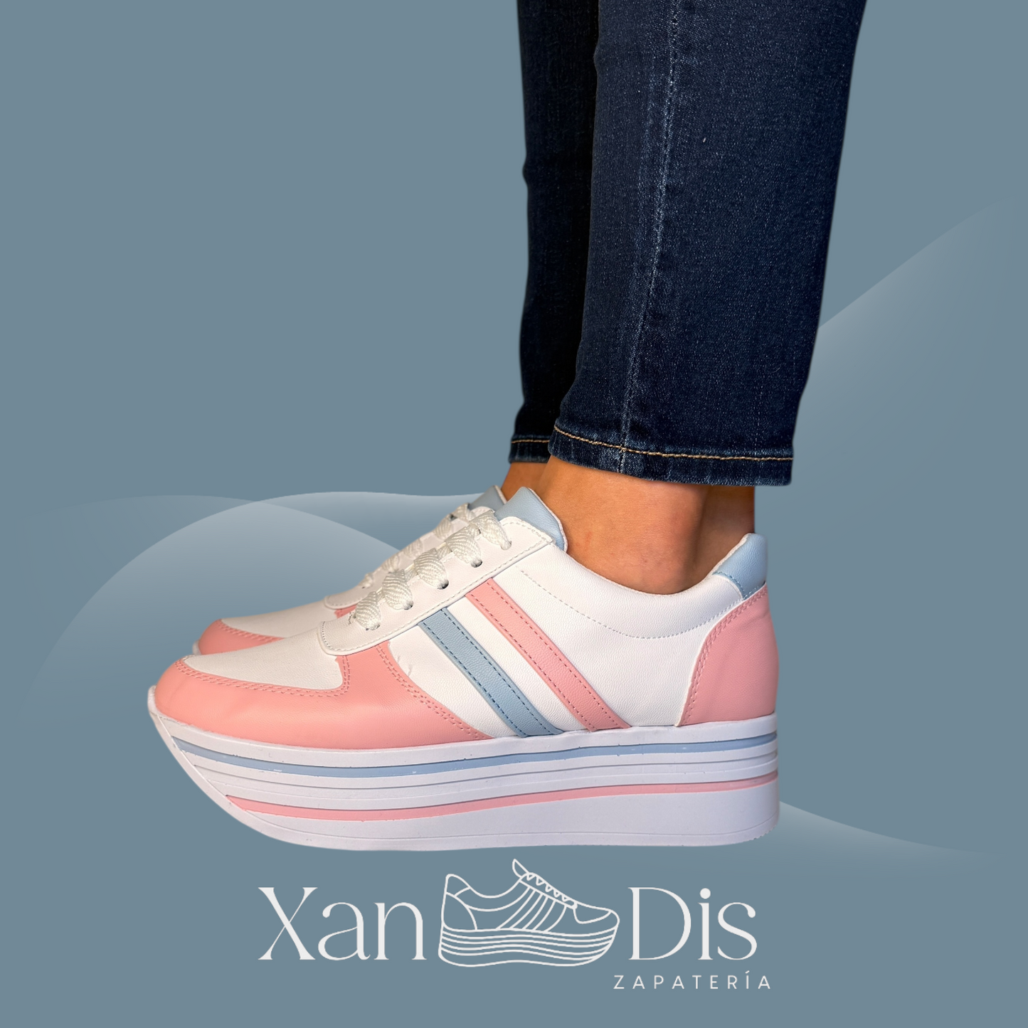 TENIS PLATAFORMA ALTA CUÑA BLANCOS ROSA AZUL PASTEL