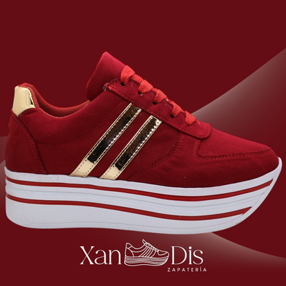 TENIS DE PLATAFORMA ALTA ROJOS ORO GAMUZA
