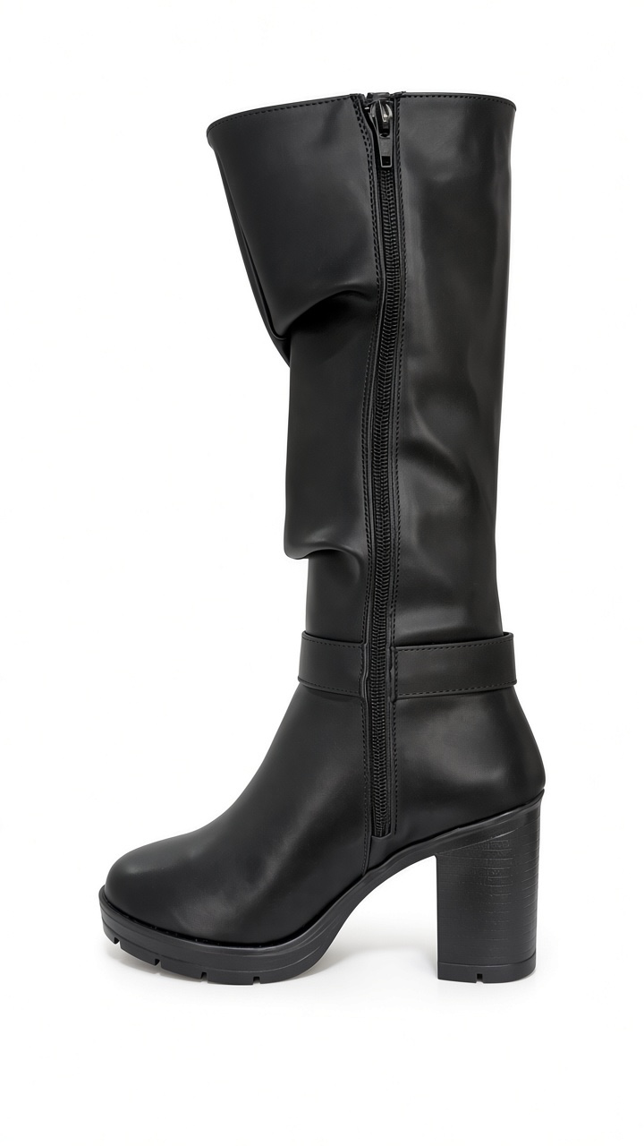 Botas negras corrugadas paris hebilla altas tacón grueso moda juveniles