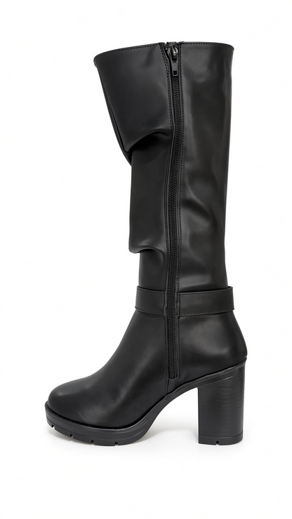 Botas negras corrugadas paris hebilla altas tacón grueso moda juveniles