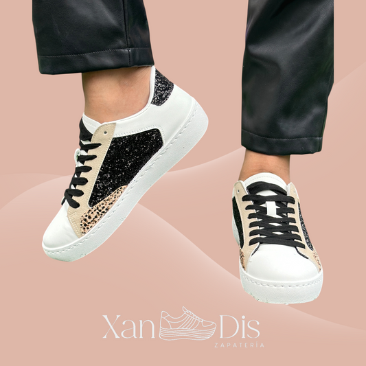 TENIS BAMBAS CASUALES ANIMAL PRINT BRILLO NEGROS