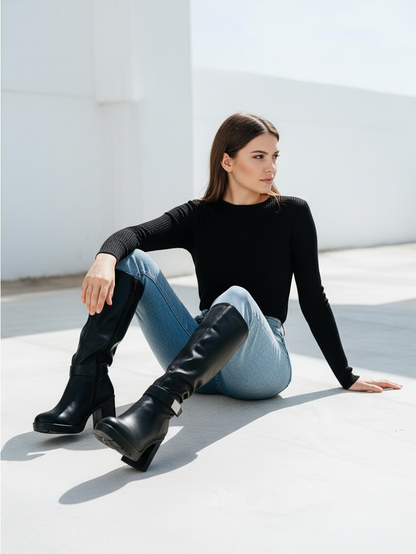 Botas negras corrugadas paris hebilla altas tacón grueso moda juveniles