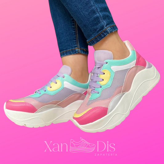 TENIS DE PLATAFORMA ROSAS PASTEL MALLA LILA