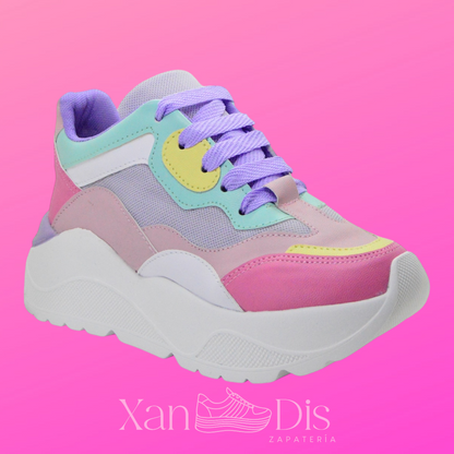 TENIS DE PLATAFORMA ROSAS PASTEL MALLA LILA