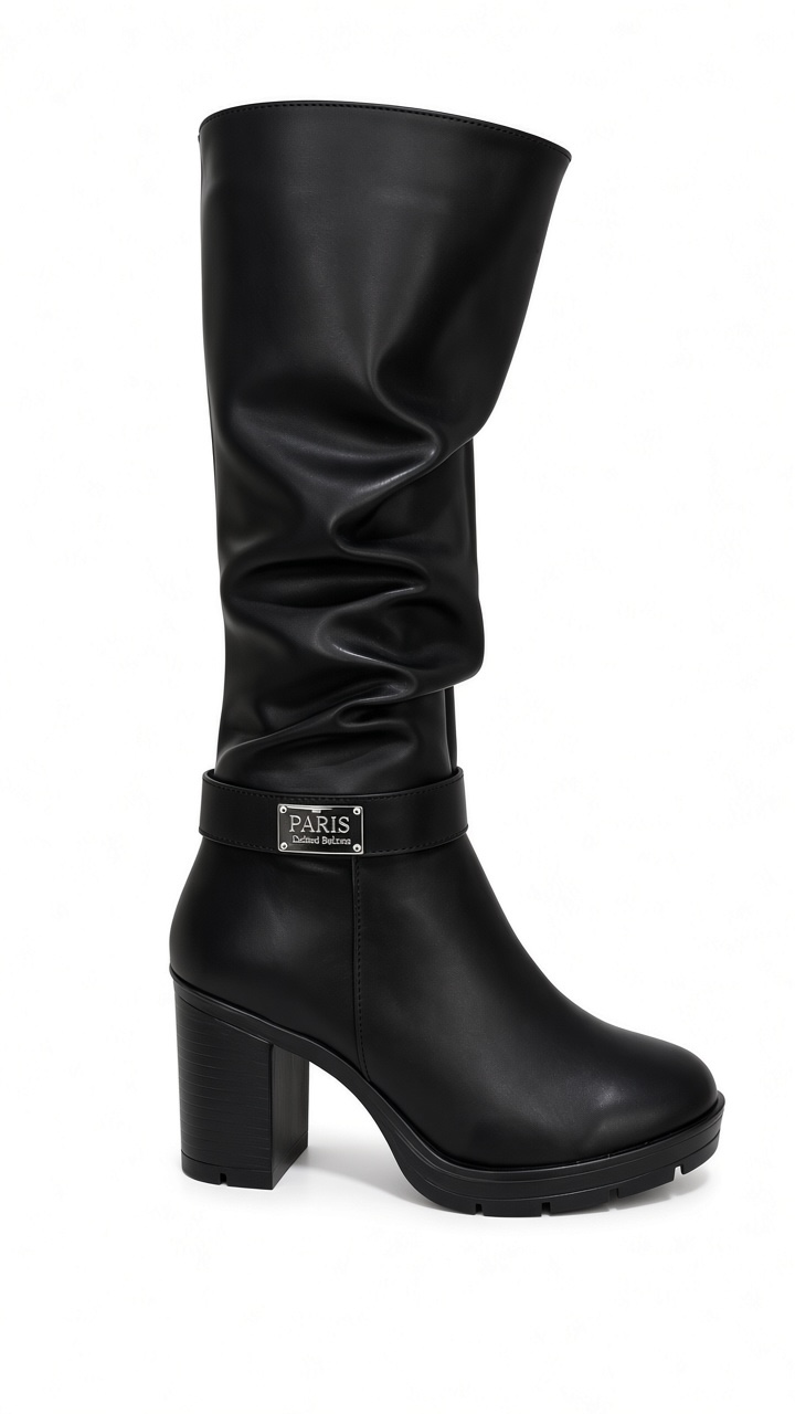 Botas negras corrugadas paris hebilla altas tacón grueso moda juveniles