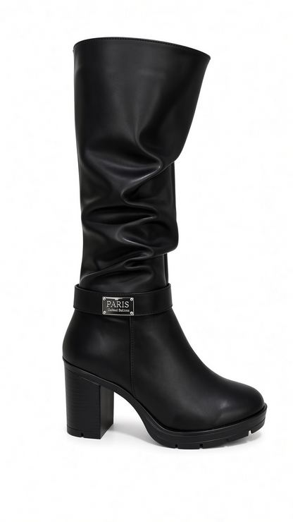 Botas negras corrugadas paris hebilla altas tacón grueso moda juveniles