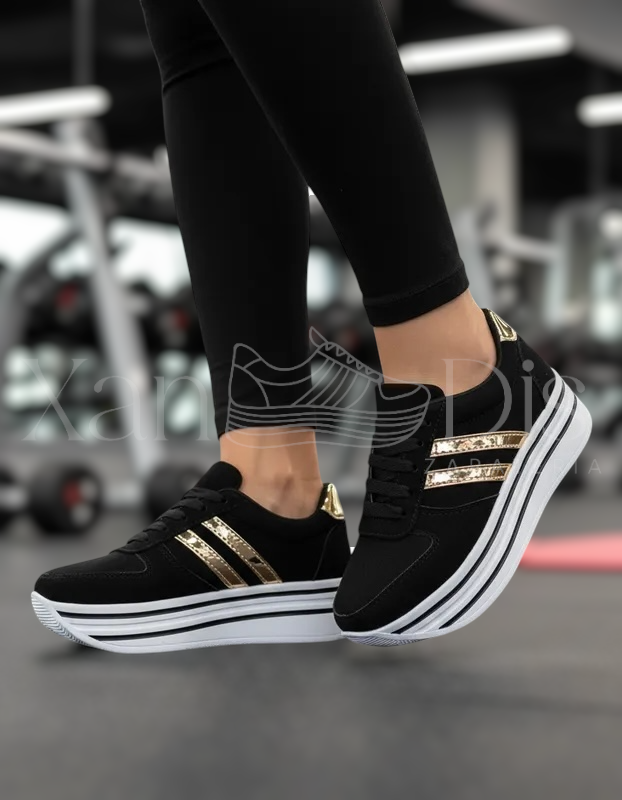 TENIS DE PLATAFORMA NEGRO ORO GAMUZA