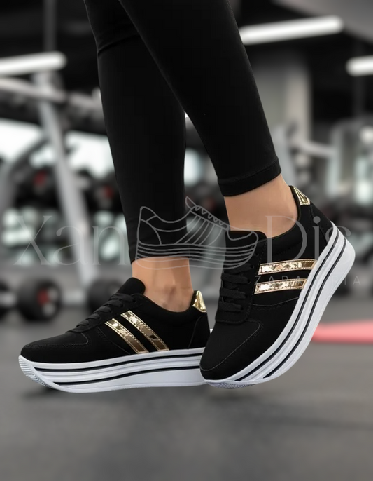 TENIS DE PLATAFORMA NEGRO ORO GAMUZA