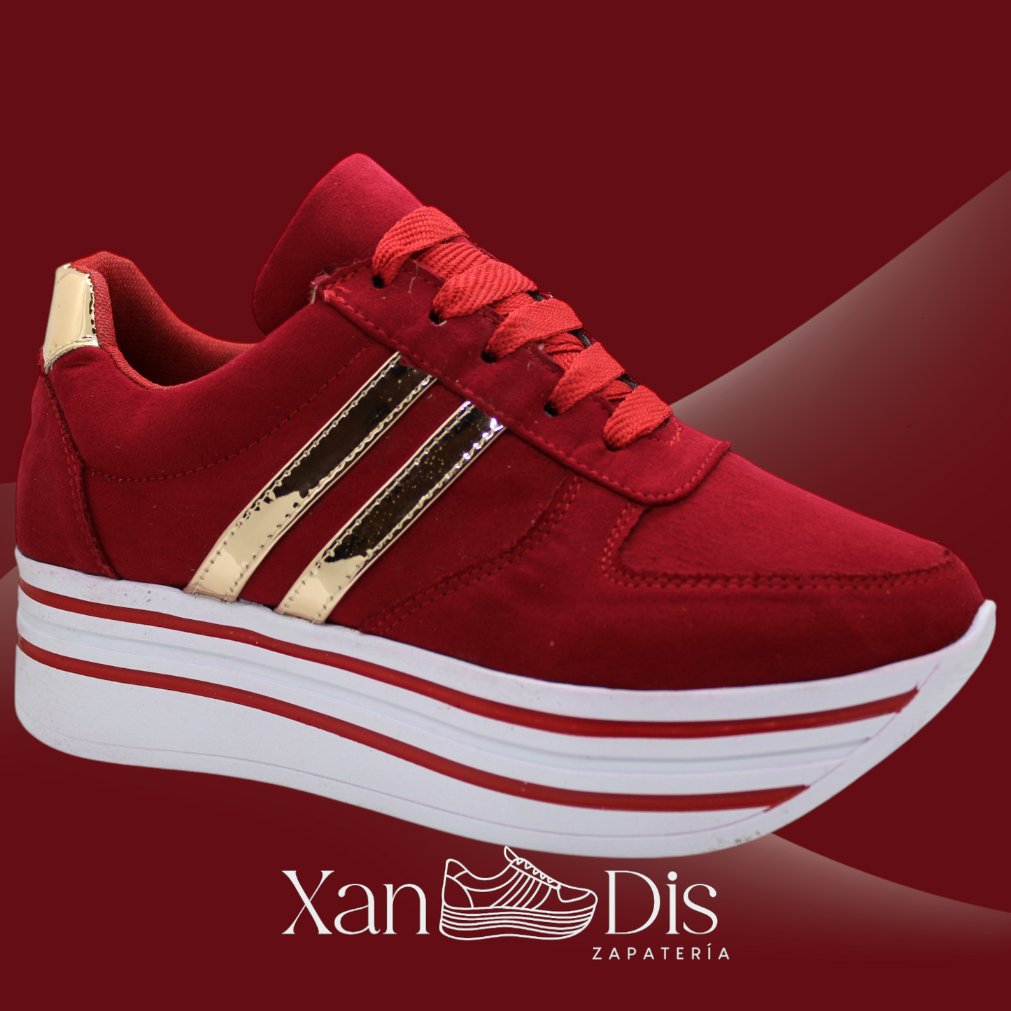 TENIS DE PLATAFORMA ALTA ROJOS ORO GAMUZA