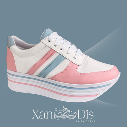 TENIS PLATAFORMA ALTA CUÑA BLANCOS ROSA AZUL PASTEL