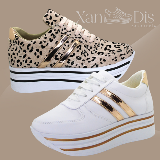 Promo 2 pares blanco oro rosa y animal print tenis de plataforma