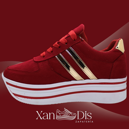 TENIS DE PLATAFORMA ALTA ROJOS ORO GAMUZA