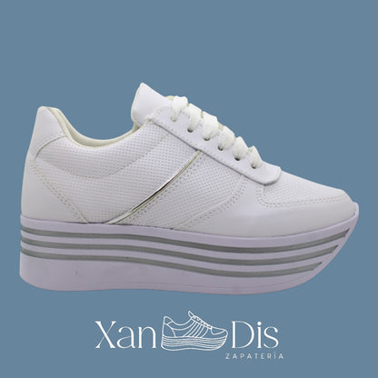 TENIS PLATAFORMA ALTA CUÑA ALTOS BLANCOS PUNTOS TIRA PLATA