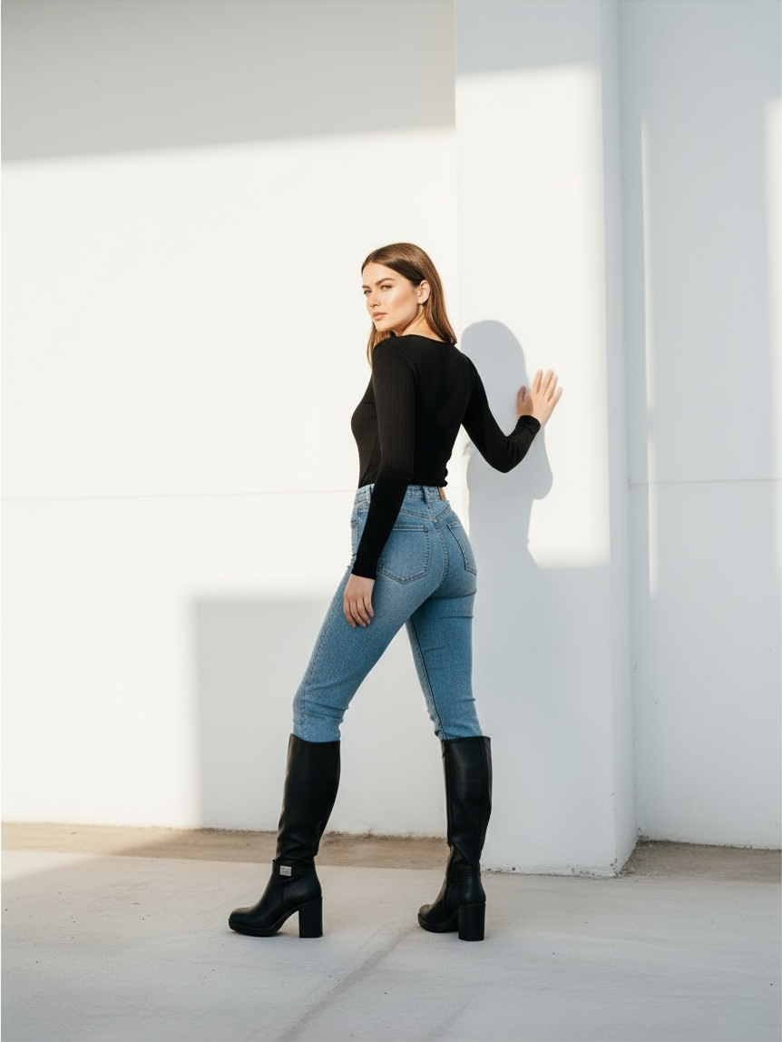 Botas negras corrugadas paris hebilla altas tacón grueso moda juveniles