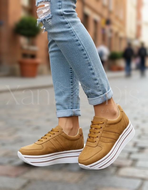 TENIS TIZA CAFÉ CAMEL PLATAFORMA ALTA CUÑA