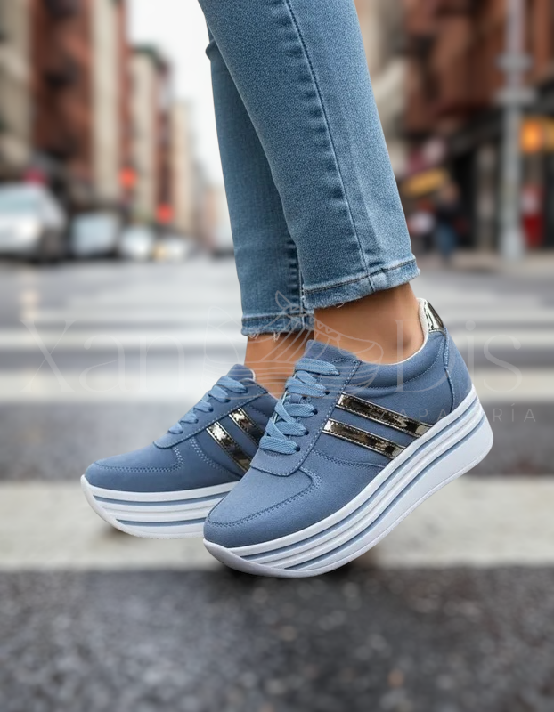 TENIS PLATAFORMA ALTA CUÑA GAMUZA AZUL MED