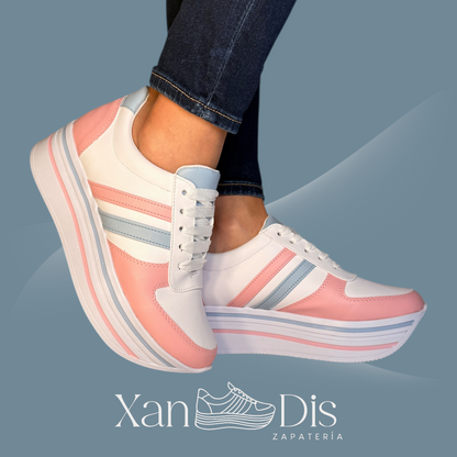 TENIS PLATAFORMA ALTA CUÑA BLANCOS ROSA AZUL PASTEL