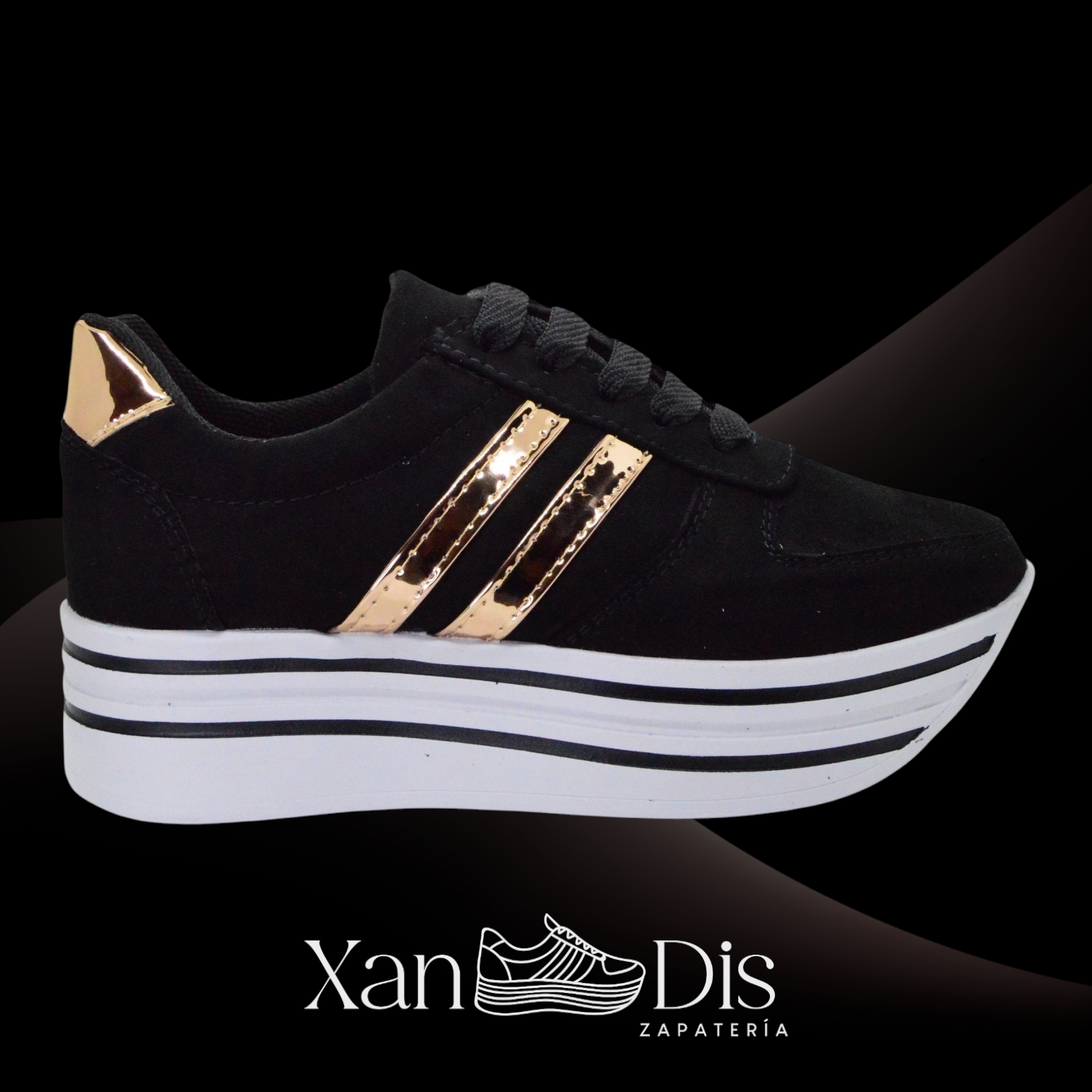 TENIS DE PLATAFORMA NEGRO ORO GAMUZA