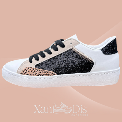 TENIS BAMBAS CASUALES ANIMAL PRINT BRILLO NEGROS