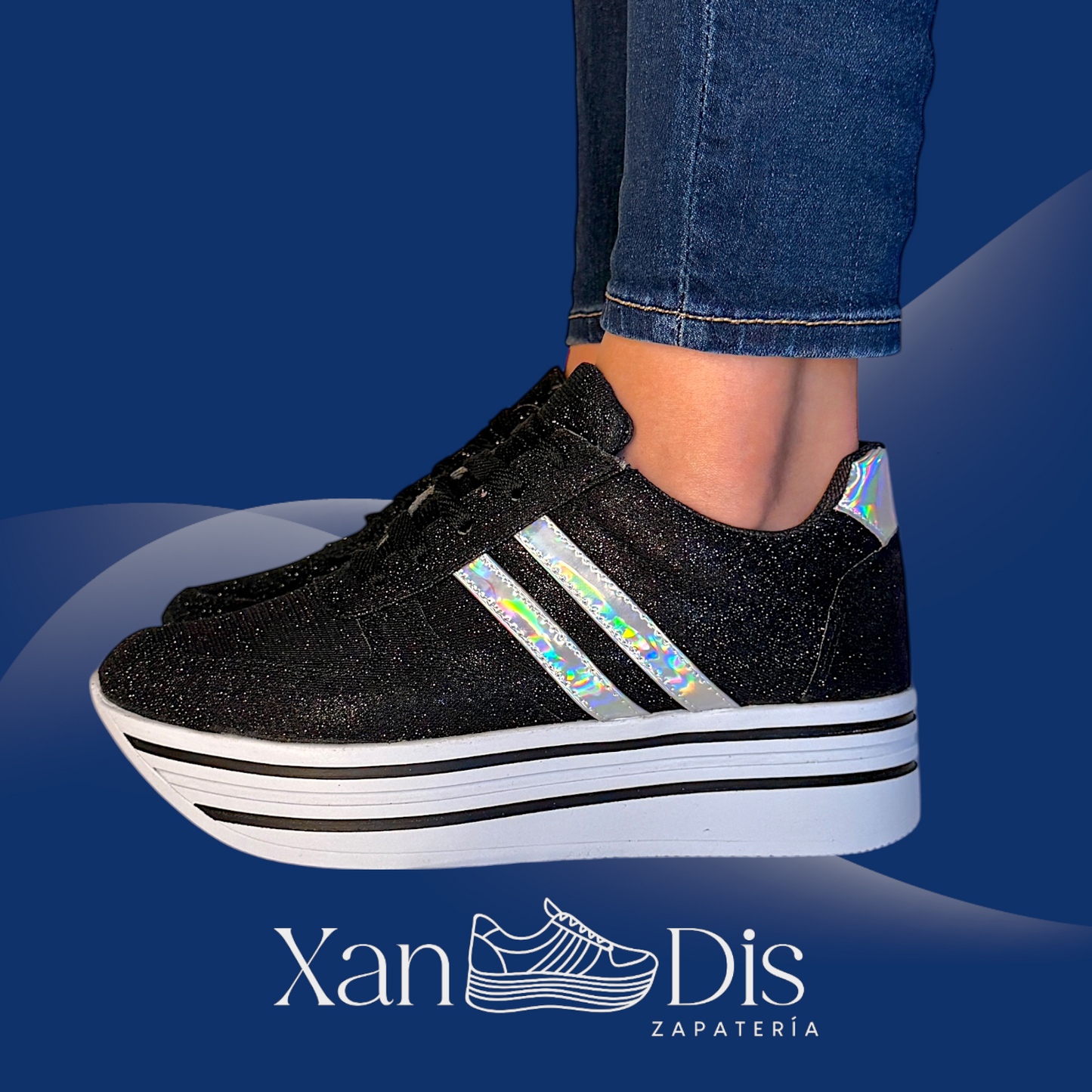 TENIS PLATAFORMA ALTA NEGROS BRILLOS GLITTER FIESTA CON TORNASOL
