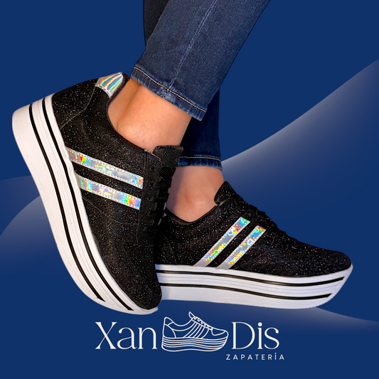 TENIS PLATAFORMA ALTA NEGROS BRILLOS GLITTER FIESTA CON TORNASOL
