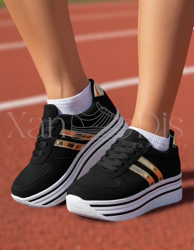 TENIS DE PLATAFORMA NEGRO ORO GAMUZA
