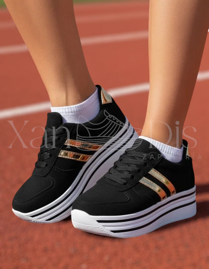 TENIS DE PLATAFORMA NEGRO ORO GAMUZA