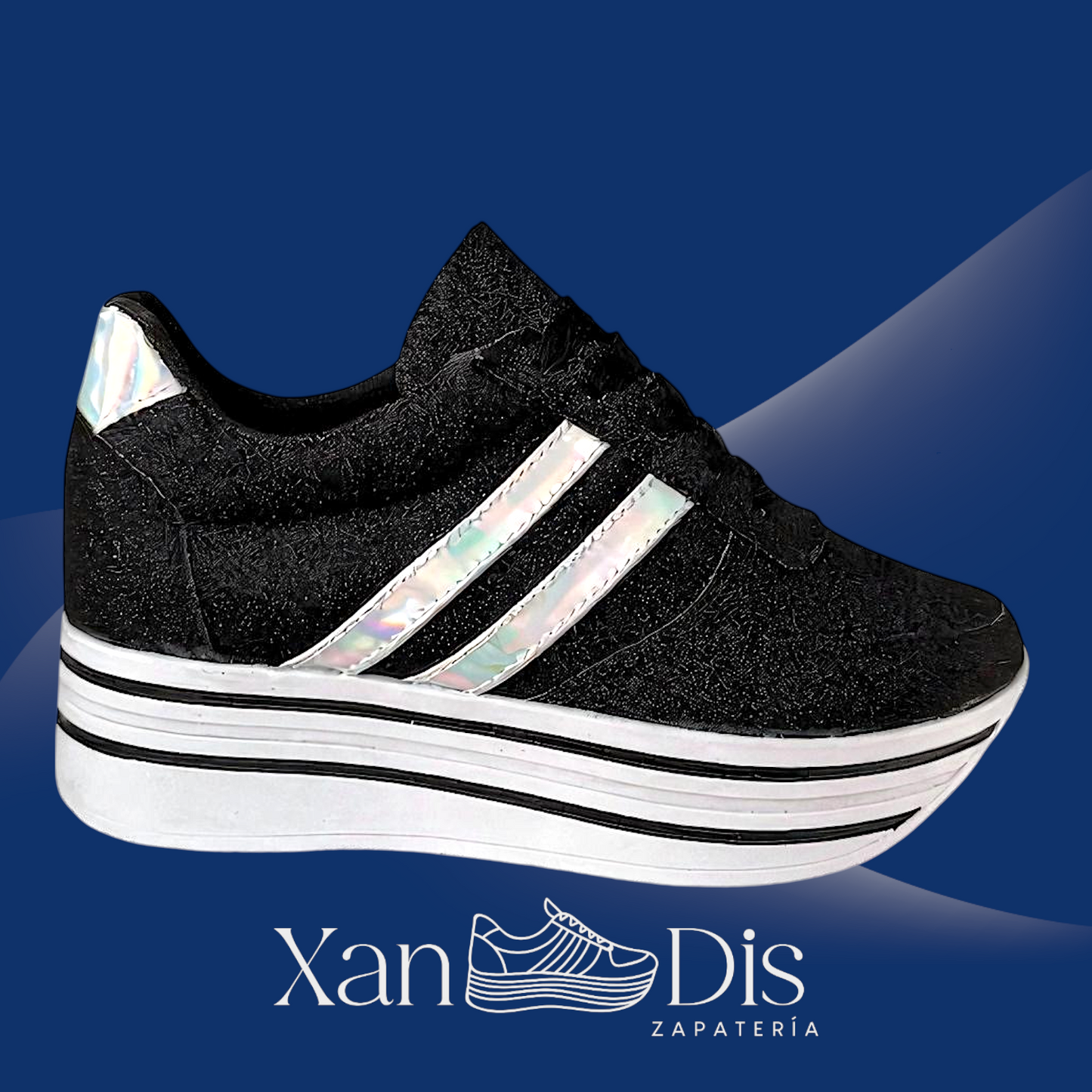 TENIS PLATAFORMA ALTA NEGROS BRILLOS GLITTER FIESTA CON TORNASOL