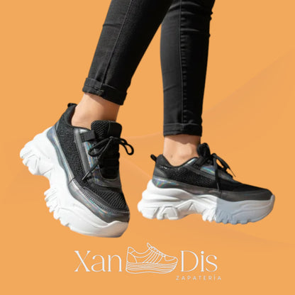 TENIS PLATAFORMA ALTA CHUNKY BRILLOS MODA JUVENILES PEDRERIA CUÑA ALTA TORNASOL BRILLOS
