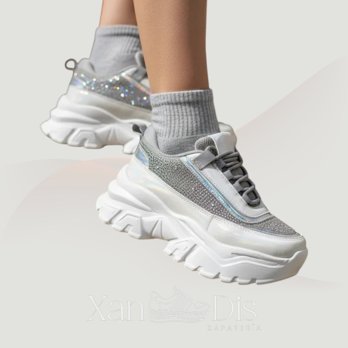 TENIS PLATAFORMA ALTA CHUNKY BRILLOS MODA JUVENILES PEDRERIA CUÑA ALTA TORNASOL BRILLOS