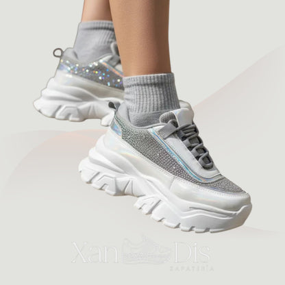 TENIS PLATAFORMA ALTA CHUNKY BRILLOS MODA JUVENILES PEDRERIA CUÑA ALTA TORNASOL BRILLOS
