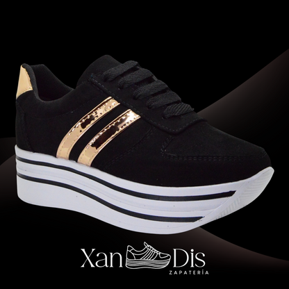 TENIS DE PLATAFORMA NEGRO ORO GAMUZA