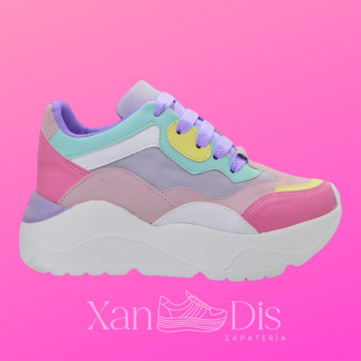 TENIS DE PLATAFORMA ROSAS PASTEL MALLA LILA