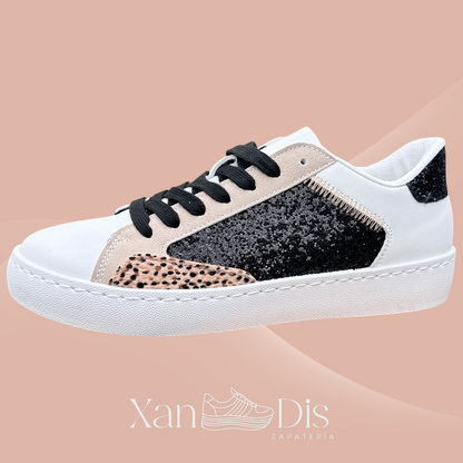 TENIS BAMBAS CASUALES ANIMAL PRINT BRILLO NEGROS