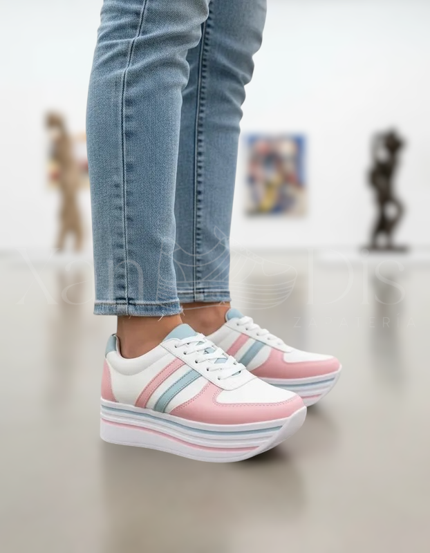 TENIS PLATAFORMA ALTA CUÑA BLANCOS ROSA AZUL PASTEL