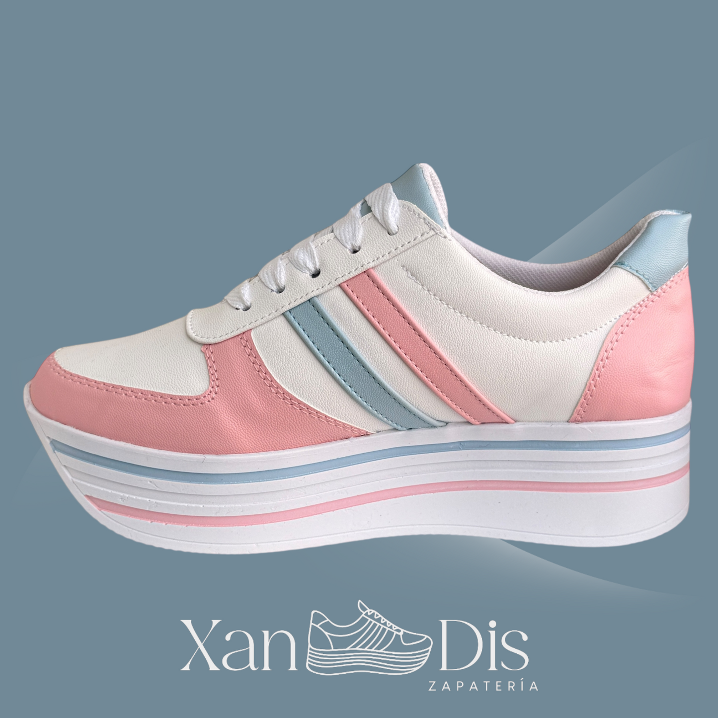 TENIS PLATAFORMA ALTA CUÑA BLANCOS ROSA AZUL PASTEL