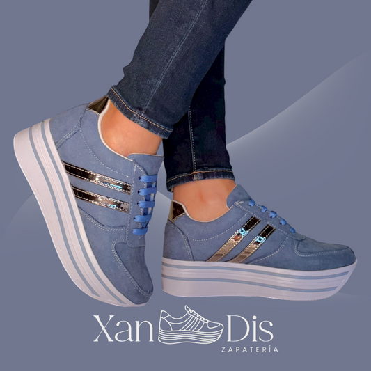 TENIS PLATAFORMA ALTA CUÑA GAMUZA AZUL MED