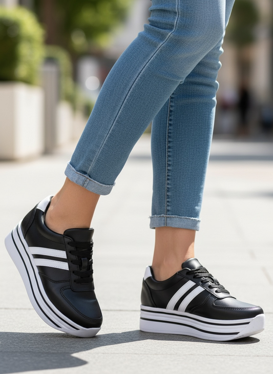 TENIS DE PLATAFORMA ALTA NEGROS RAYAS BLANCAS