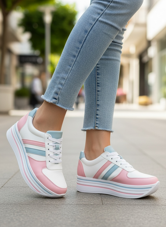 TENIS PLATAFORMA ALTA CUÑA BLANCOS ROSA AZUL PASTEL